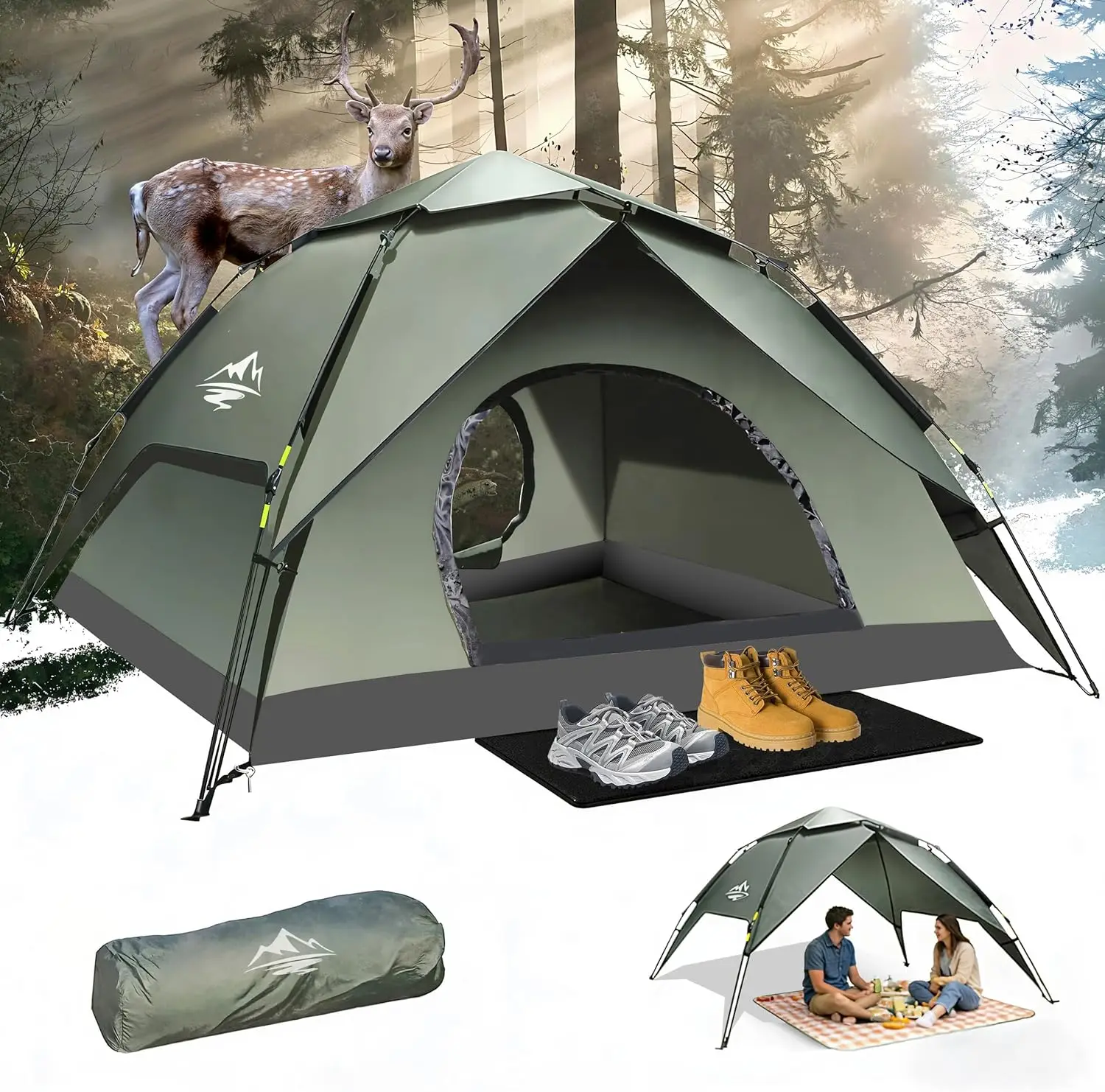 

Camping Tent 2 3 4 Person Instant Pop Up Hiking Tent Automatic Setup Rainfly Double Layer Waterproof Windproof Welcome Mat