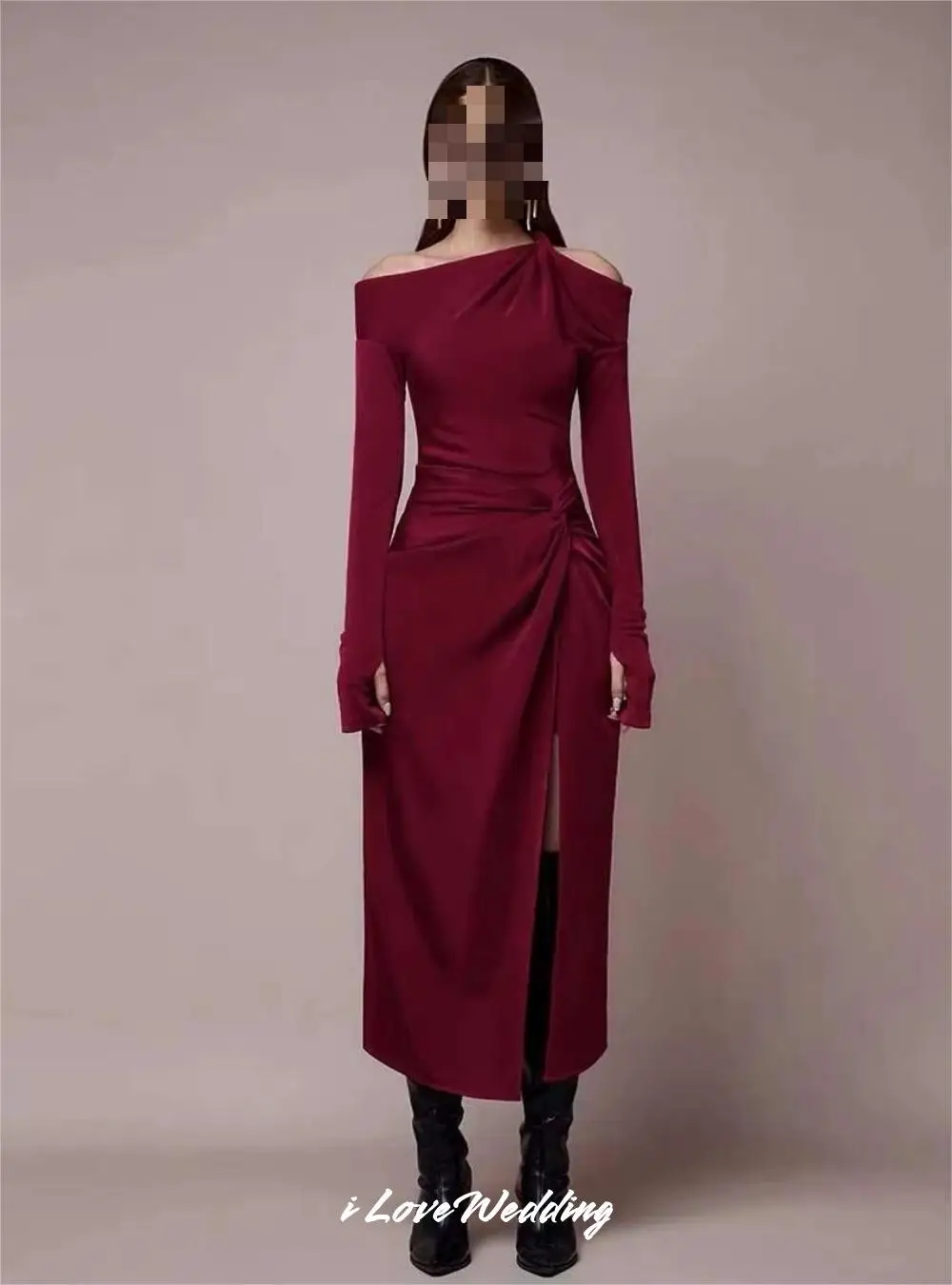 

Burgundy Long Sleeve Evening Dress 2025 Satin Pleated Mermaid Ankle-Length Side Split Prom Dress Wedding Party Dress Customized