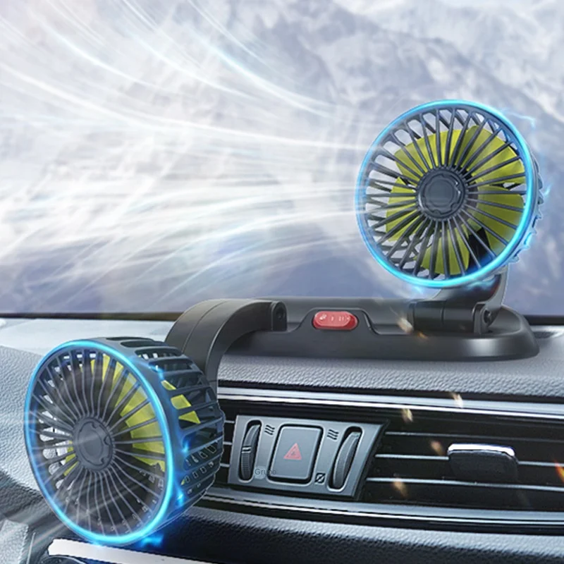 Carro elétrico ventilador de refrigeração, 360 ° ajustável Dual Head Air Fan, USB, 2 velocidades, automotivo, painel, RV, caminhão, 5V, 12V, 24V