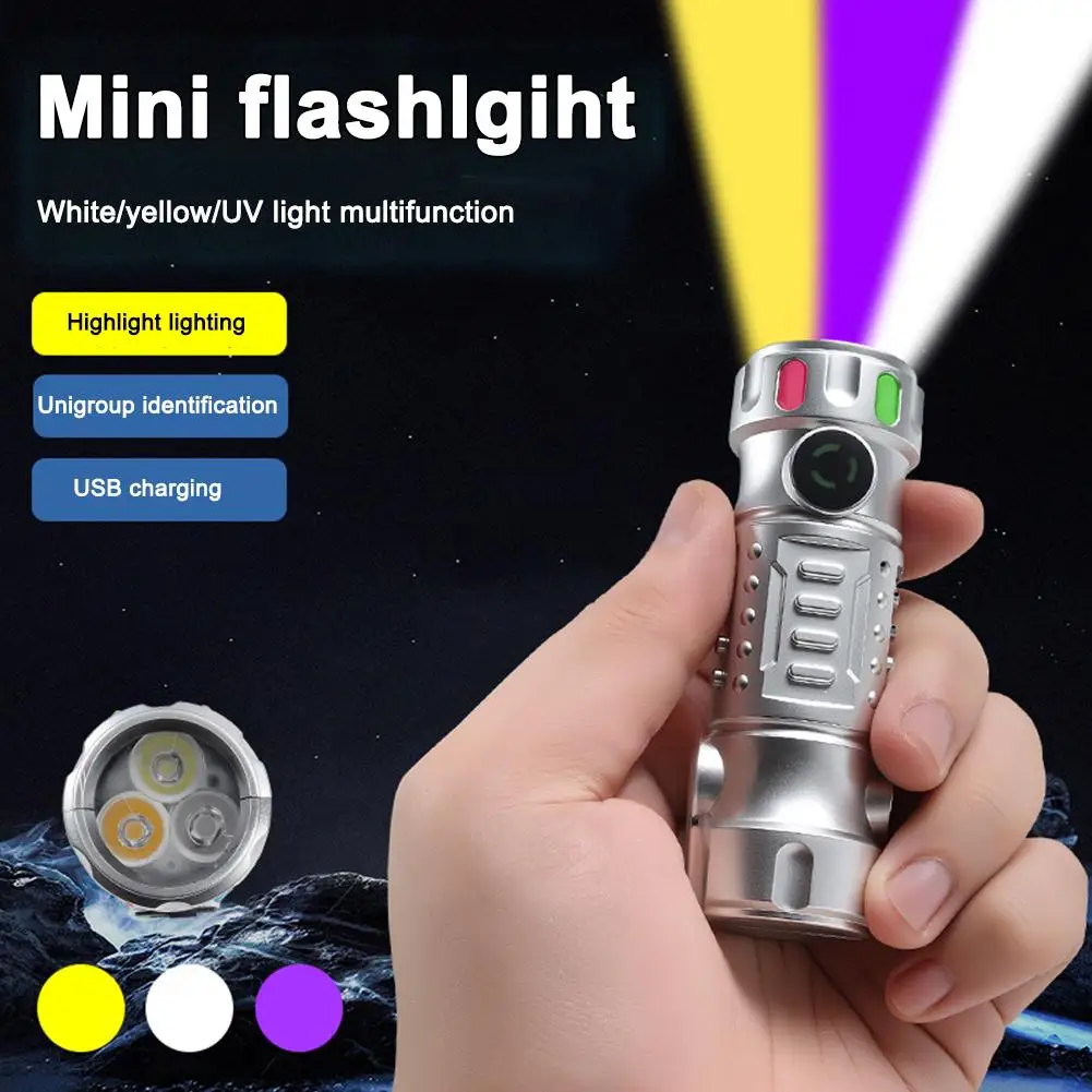 

Three Light Sources Multifunctional Flashlight Strong Mini Detection Light Rechargeable USB Portable Light Purple Illuminat