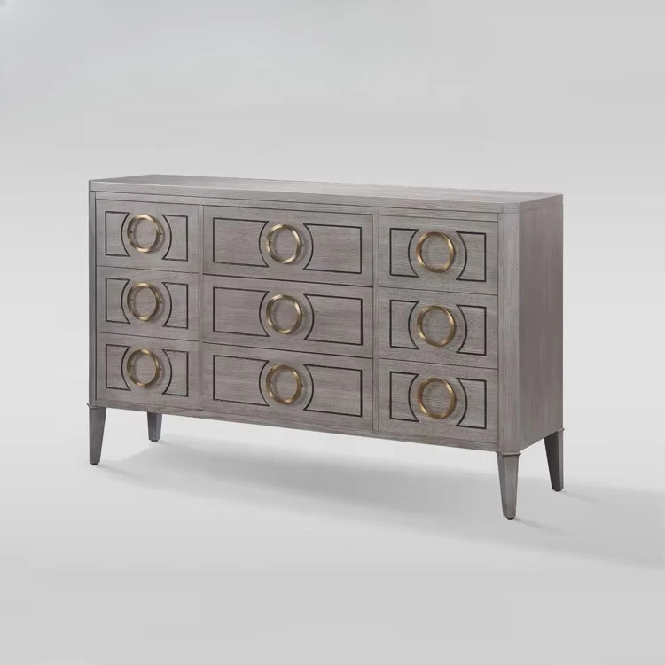 Grey living room cabinet, nine-drawer gold sideboard, hotel cabinet with gray wood legs