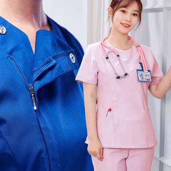 Mulheres Manga Curta Scrub Top com Zíper, Casaco, Uniforme de Enfermagem, Gola Redonda, Uniformes Spa, Algodão Roupa Médica, Médico Workwear