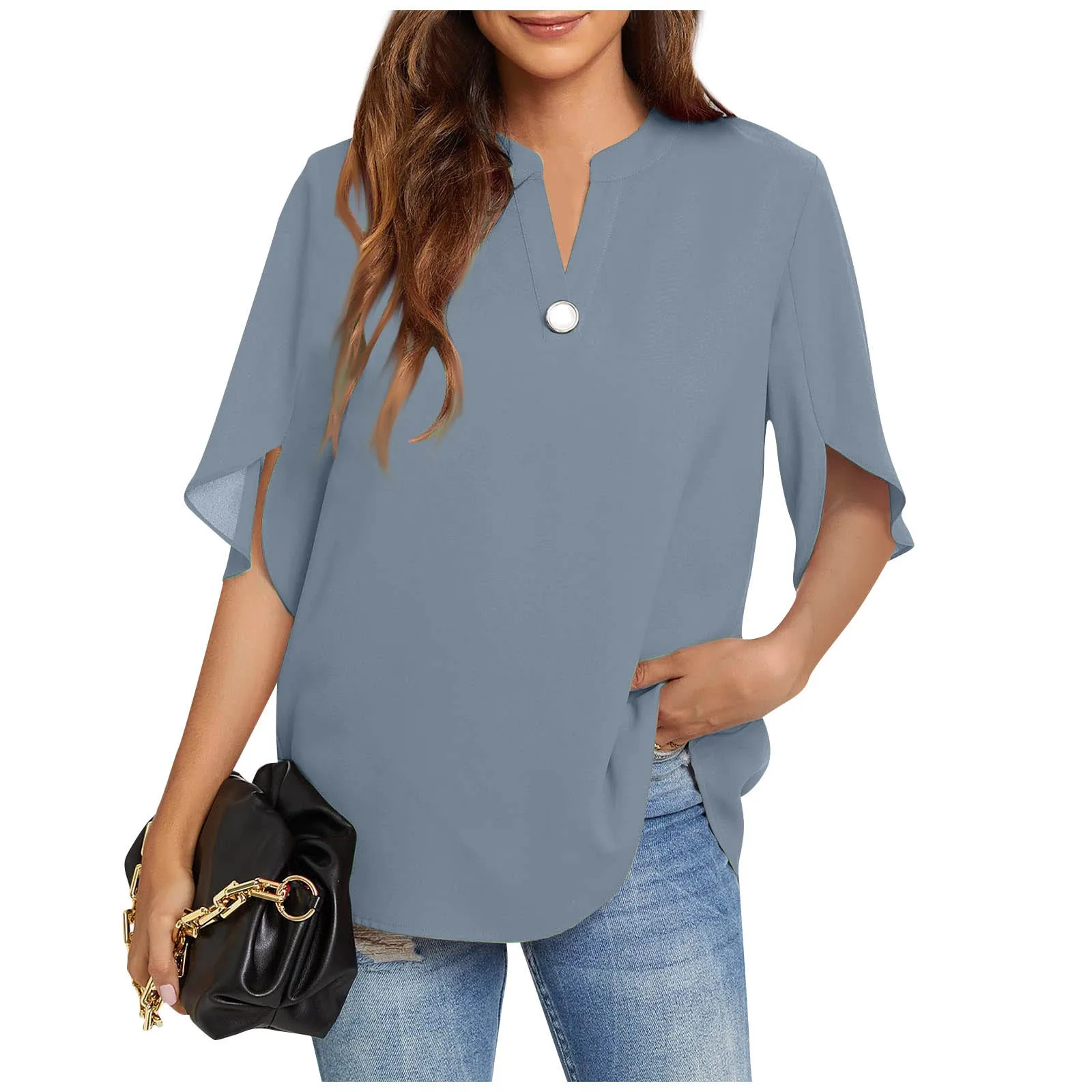 Summer Women Cool Loose Shirt V Neck Chiffon Blouse Casual Ladies Tops Button Pullover Plus Size Short Sleeve Fashion T Shirt