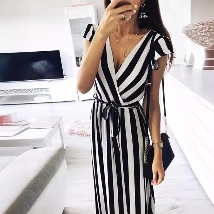 Women\'s S-2XL size new printed V-neck striped belt dress maxi dresses for women  bodycon dress  dress for women