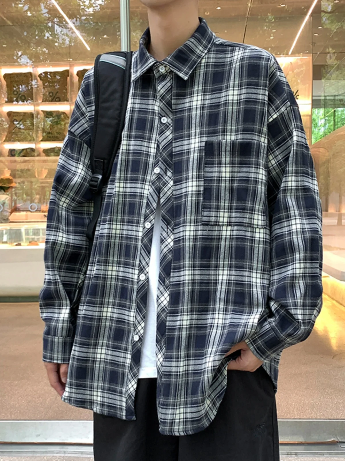 

Casual Plaid Long Sve Men's irt Student Sle Korean Version Retro Hong Kong Sle Fre Spring Autumn Seasonal Faion