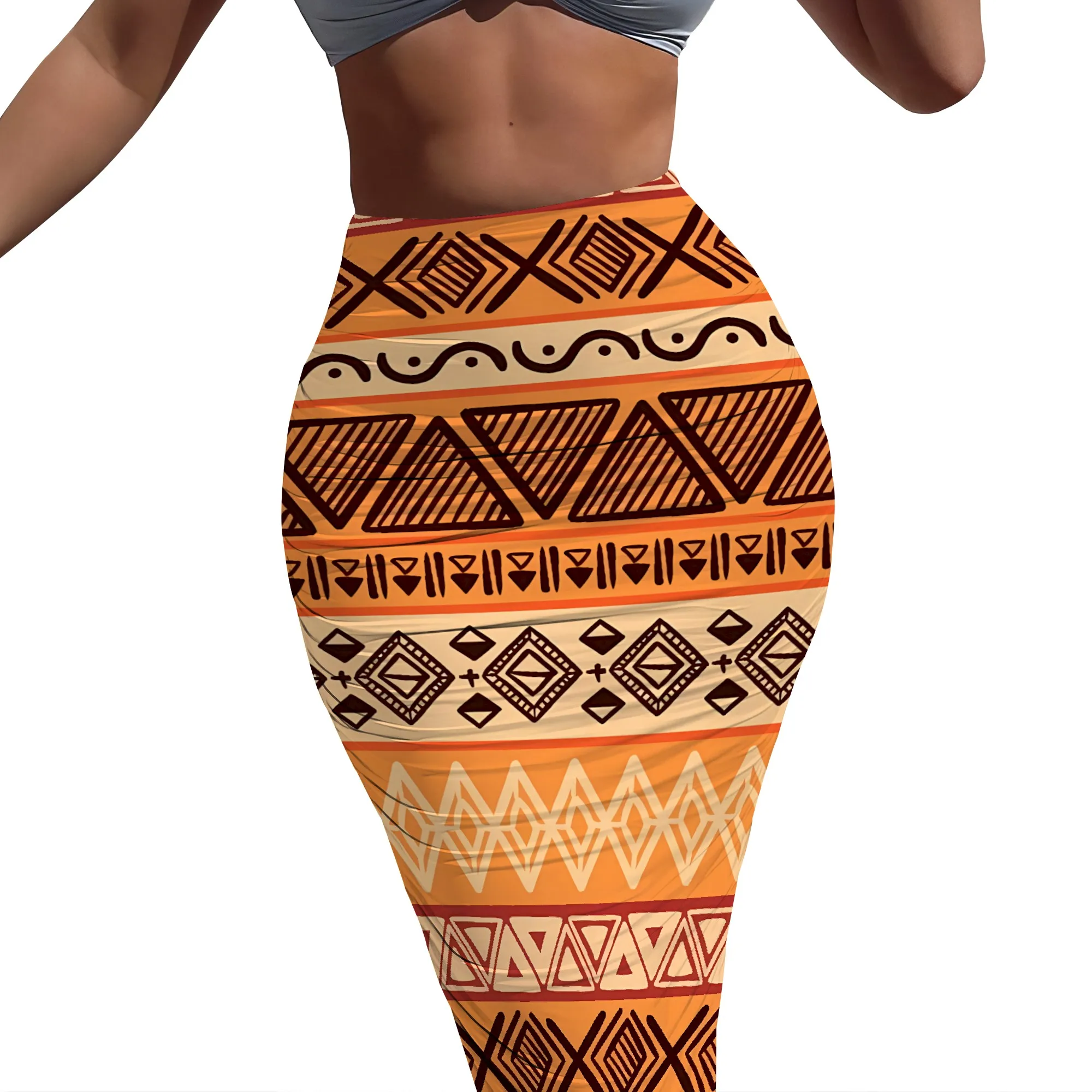 Nupusa Falda con estampado geométrico tribal naranja para mujer Falda larga ajustada informal de cintura alta