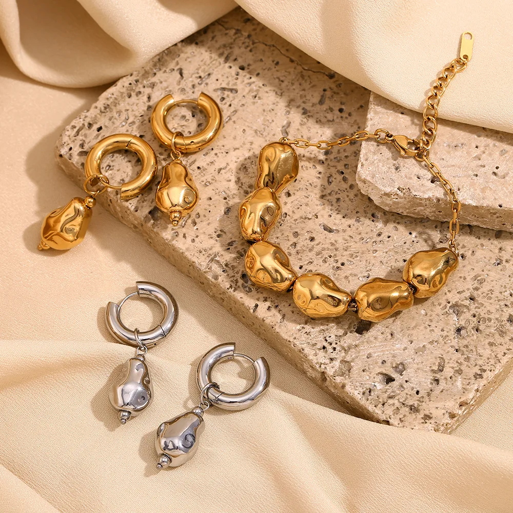 

Позолоченный женский браслет и серьги из нержавеющей стали, модные ювелирные изделия из бисера неправильной формы