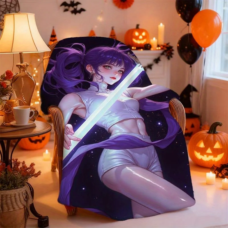1pc KPOP Girl Group Purple Hair Sword Knight Starry Sky Battle Flannel Blanket, Lightweight and Easy to Use, Durable Wrinkle-Res