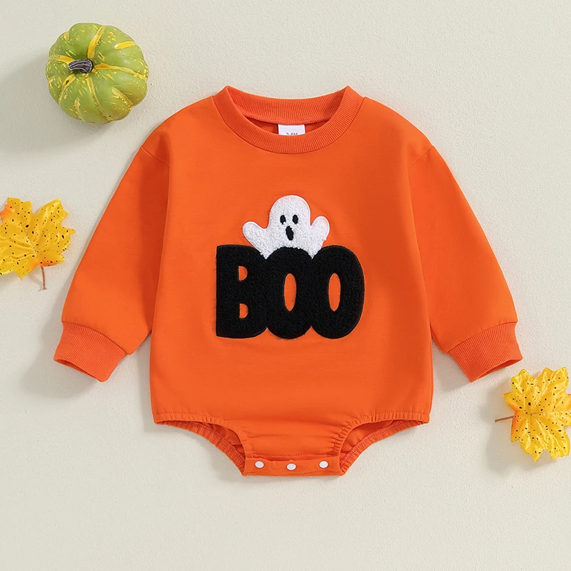 

Toddler Baby Clothes Girls Boys Sweatshirts Rompers Halloween Clothes Letter Ghost Embroidery Long Sleeve Toddler Fall Bodysuits