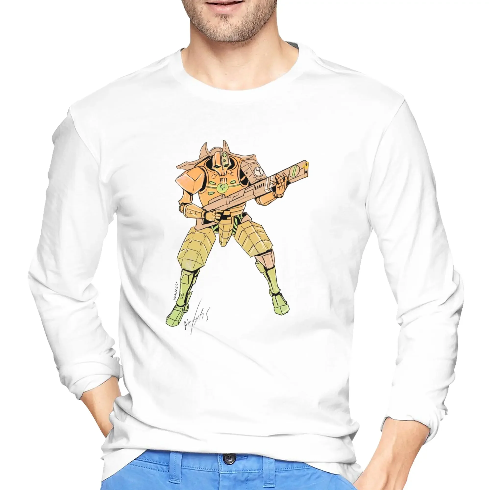 

Necron with Tau armor Men's Long Sleeved T-shirt Fashion Round Neck T shirts Spring and Autumn Men tops