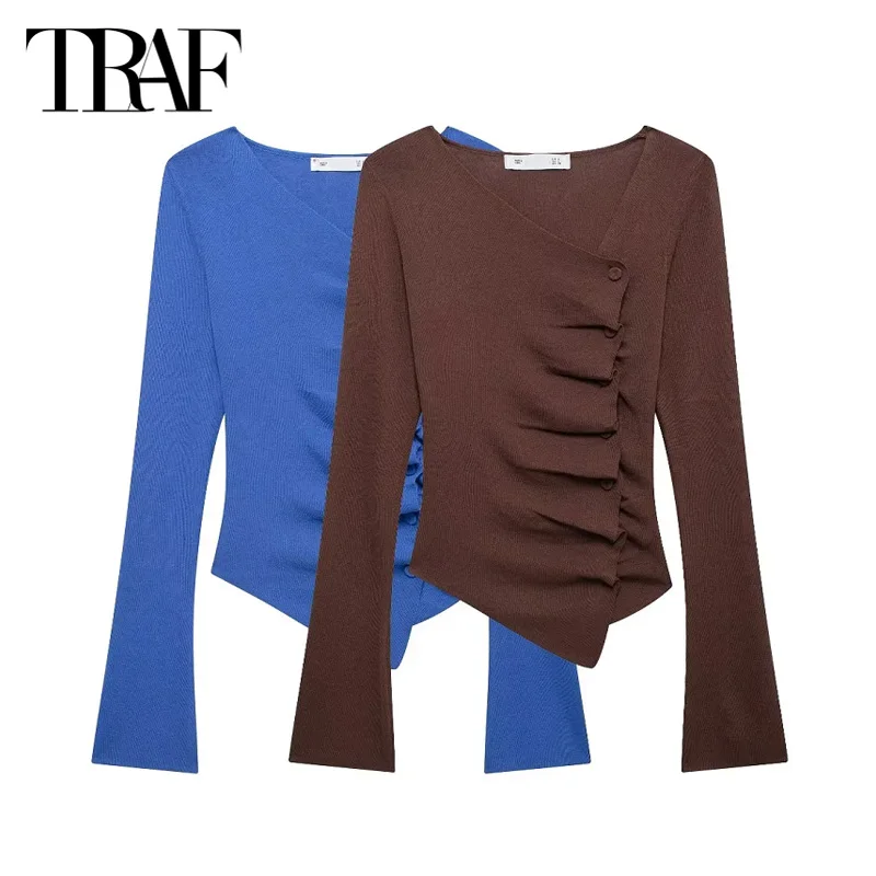 TRAF Asymmetrical Pleated Sweater Top 2024 Autumn Women\'s Long Sleeve Knitted Top Ladies Fashion Elegant Blue Brown Knitwear