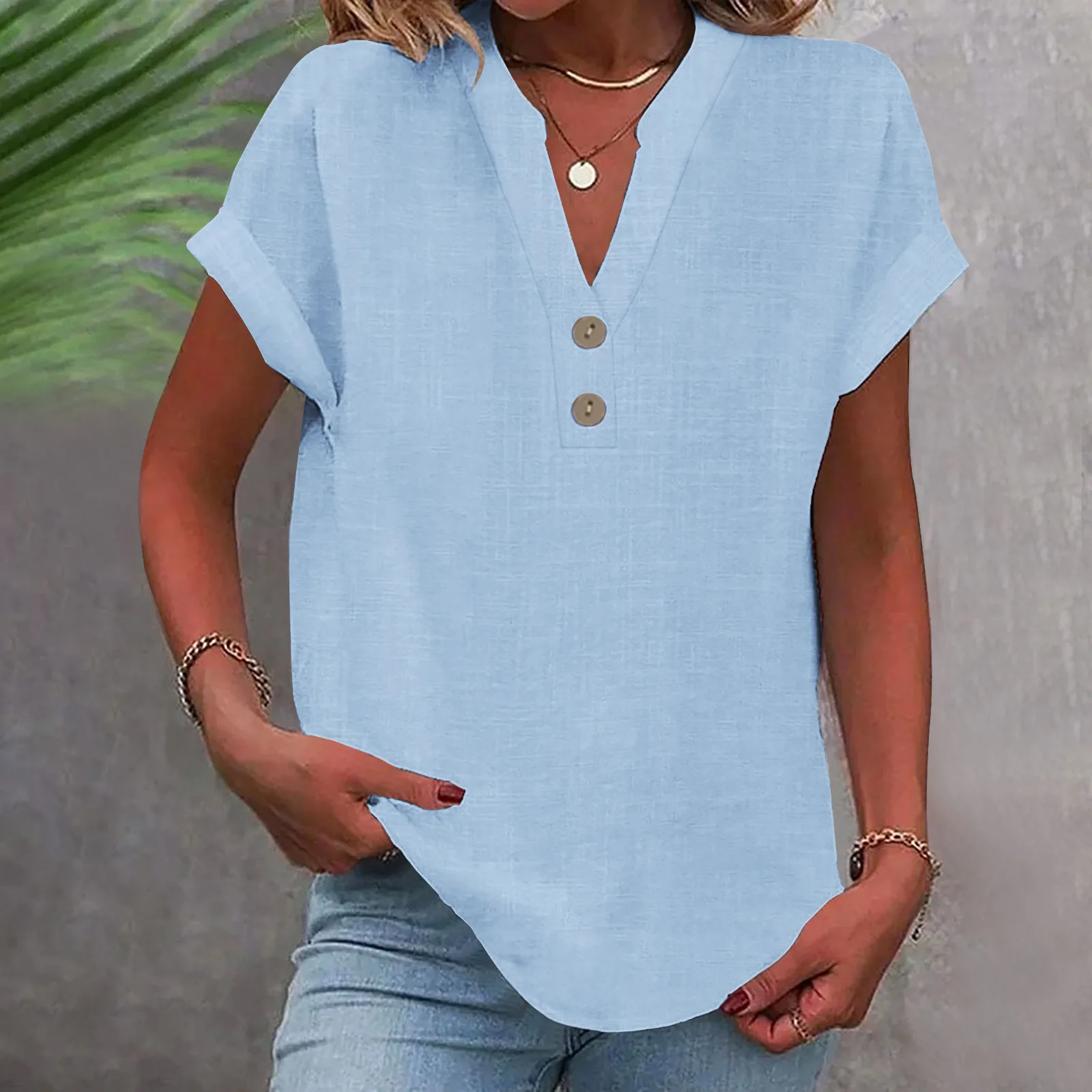 

Summer Cotton Linen Breathable Solid Color Button Down V-neck Shirt Basic And Versatile Casual Comfortable Lady Office Tops