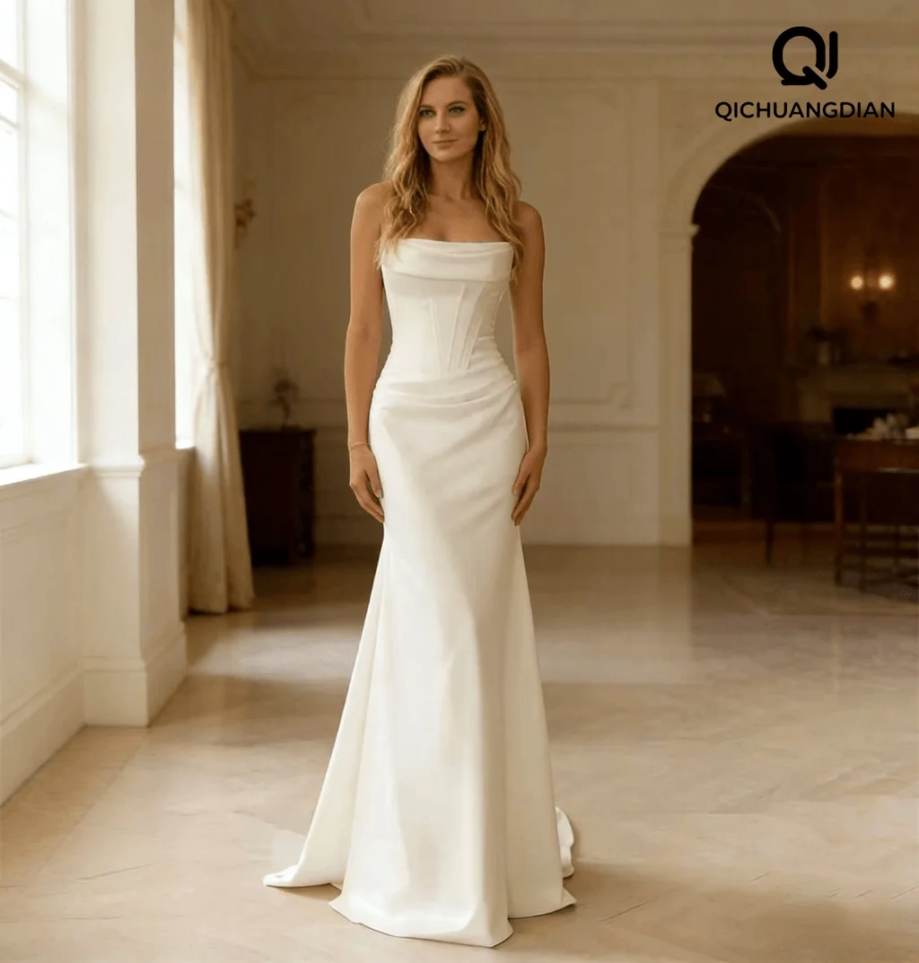 

Customized Simple Pleat Mermaid Wedding Dress Strapless Sleeveless Lace-up Backless Bridal Gown robe de mariée vestidos de novia