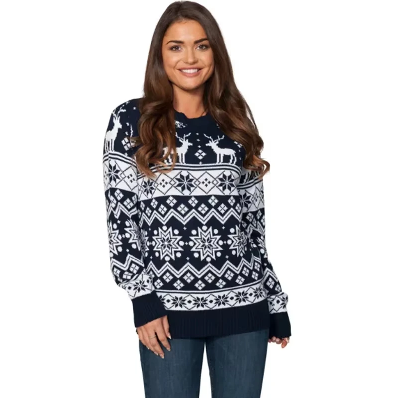 Xingqing Christmas Sweater Family Clothes Snowflake Print Warm Long Sleeve Round Neck Pullovers Knitted Tops Matching