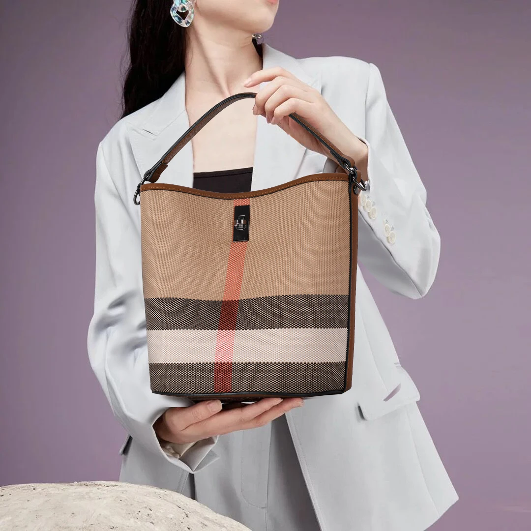 Vintage Check Canvas Cow Leather Bucket Bag Ladies Contrast Trim Handbag Detachable Adjustable Crossbody Strap