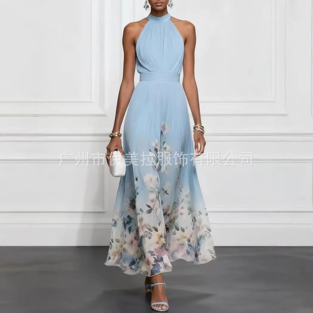 2026 Elegant V-neck Waist-cinching Skirt Hemline Polyester Spring Autumn Independent Station Cross-border High Waist Dress