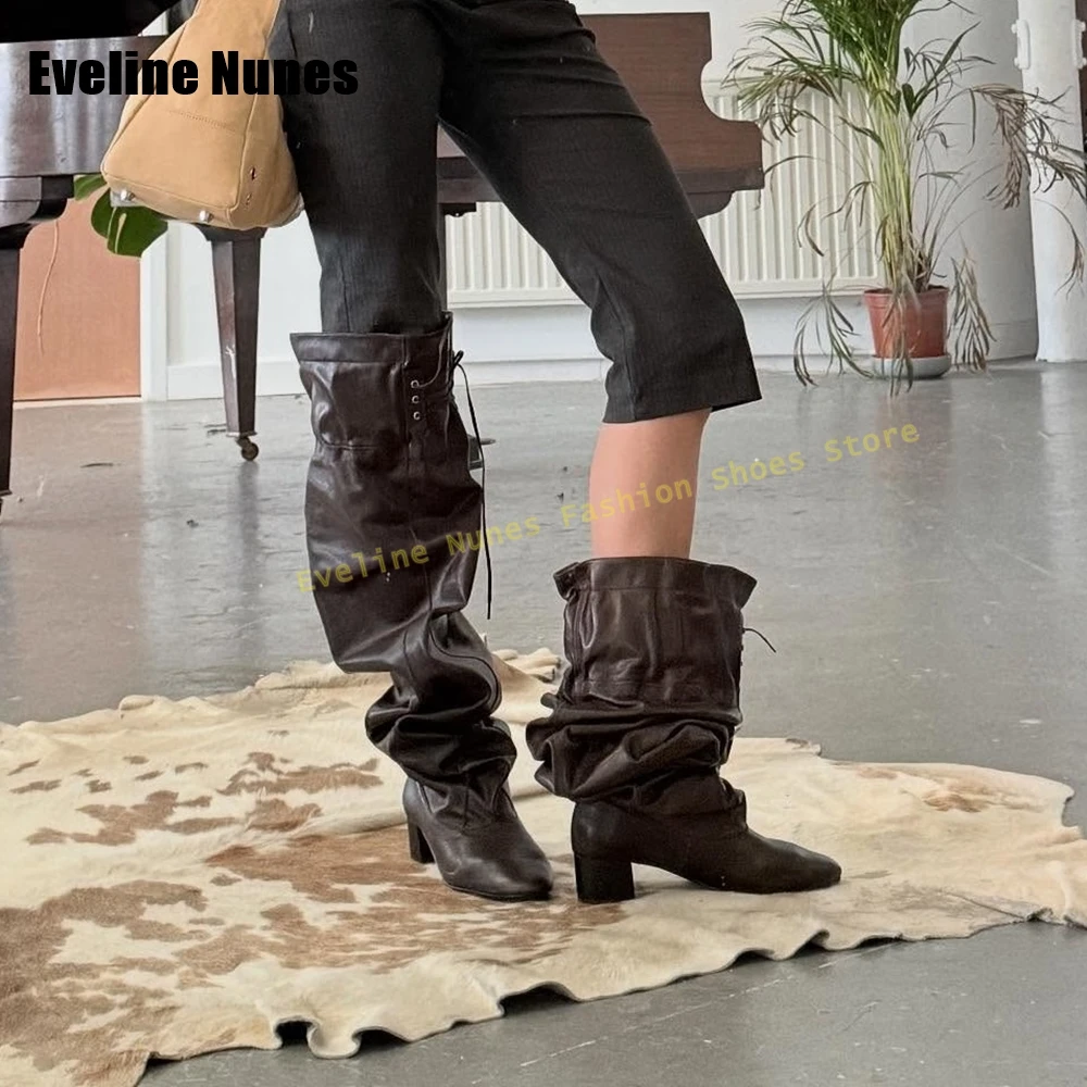 Lace Up Fringe Pleated Fashion Boots Square Toe Chunky Heels Solid Spicy Girl Knee High Boots Street Style 2026 Catwalk Shoes