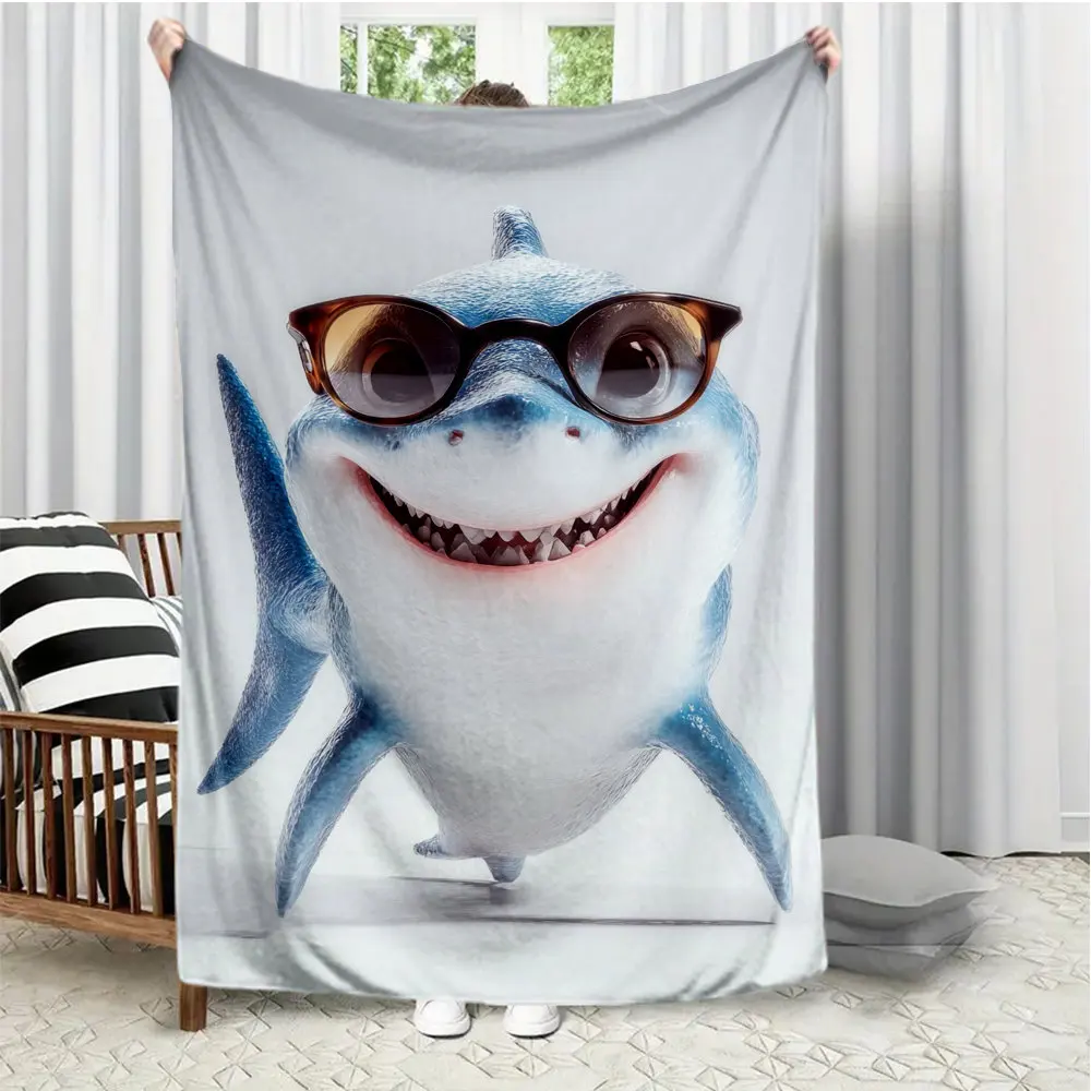 Cute little shark smiling pattern Flannel printed blanket suitable for all seasons suitable for living room office sofa travel