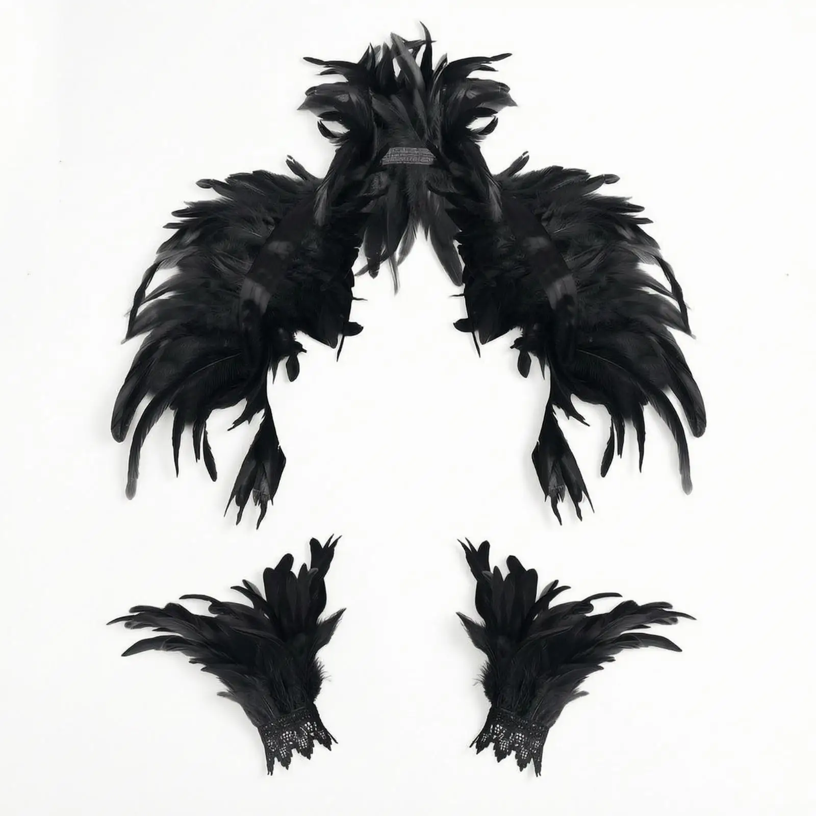 Black Trim Feather Cape Costume for Women Halloween Cloak with Ribbon Tie Wrist Cuffs