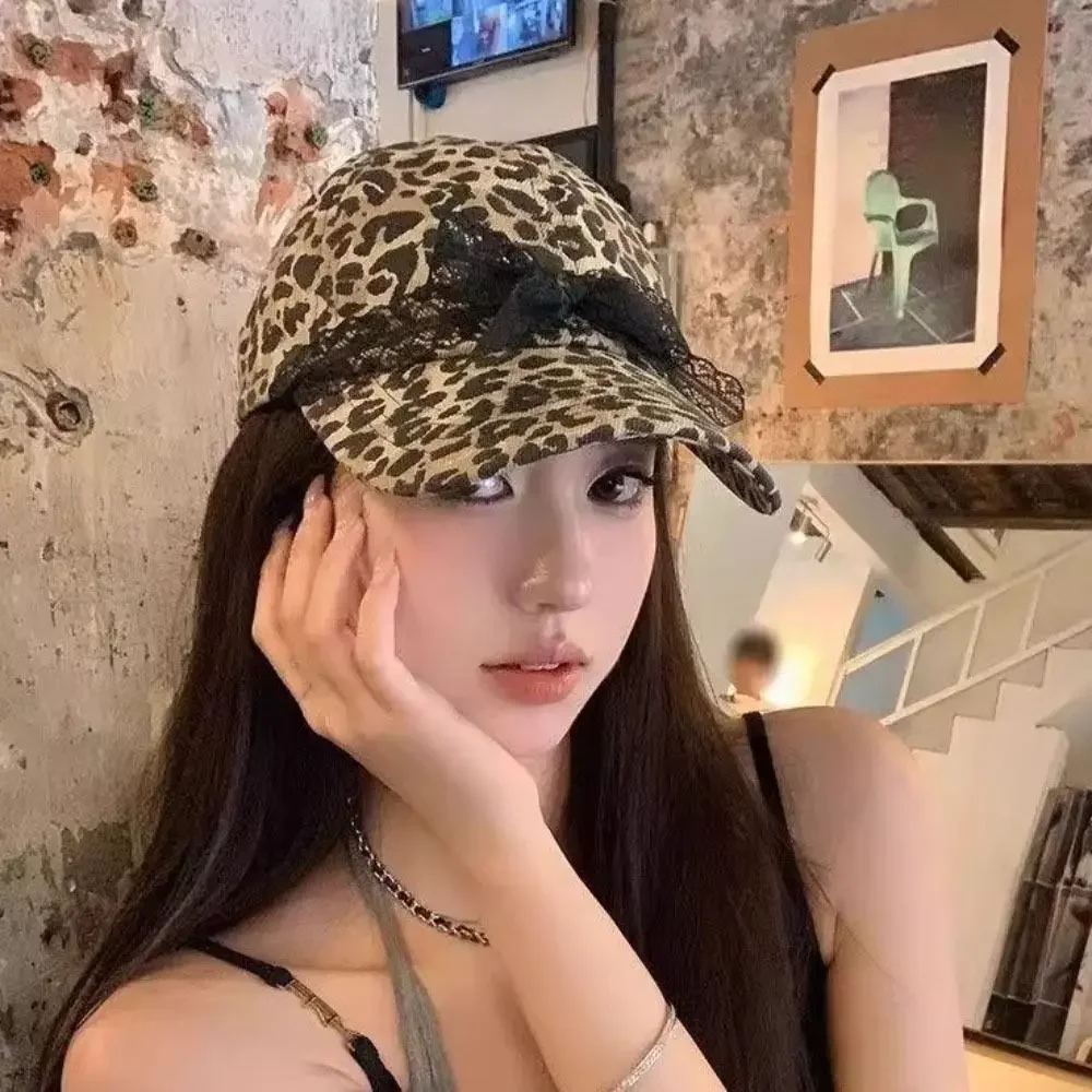 

Breathable Hip Hop Leopard Print Baseball Cap Long Brim Adjustable Bow Visor Hat Peaked Cap UV Protection Sun Hat Spring