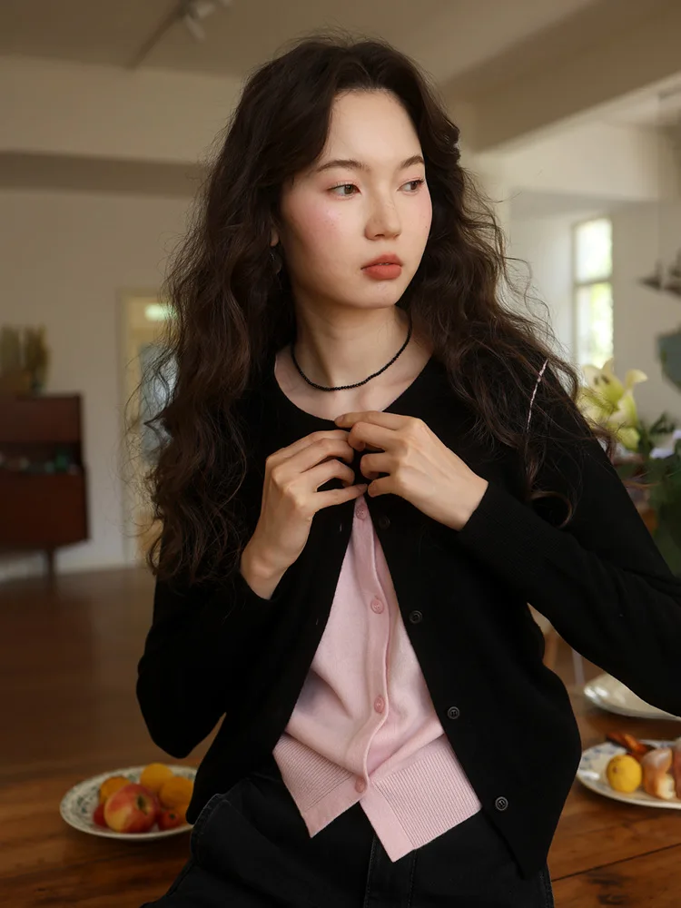 

Soft Breathable Full Wool Knitted Cardigan Skin-friendly Miu Sle Color Blo Fake Two-Piece Casual Fit Long Sve Women's ...