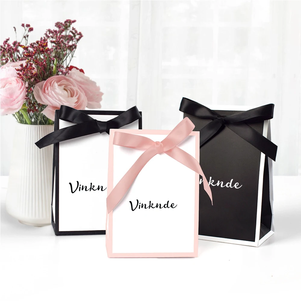 Customized Gold Foil Logo Paper Bow Ribbon Bags For Hair Extension Packaging Clothing Cosmetic Jewelry Perfume Wedding Gift Bag