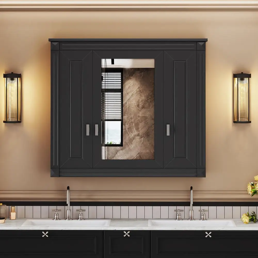 

Black Bathroom Wall Cabinet with Mirror 3 Doors 5 Shelves Medicine Storage Over Toilet Space Saving Modern MDF Painted