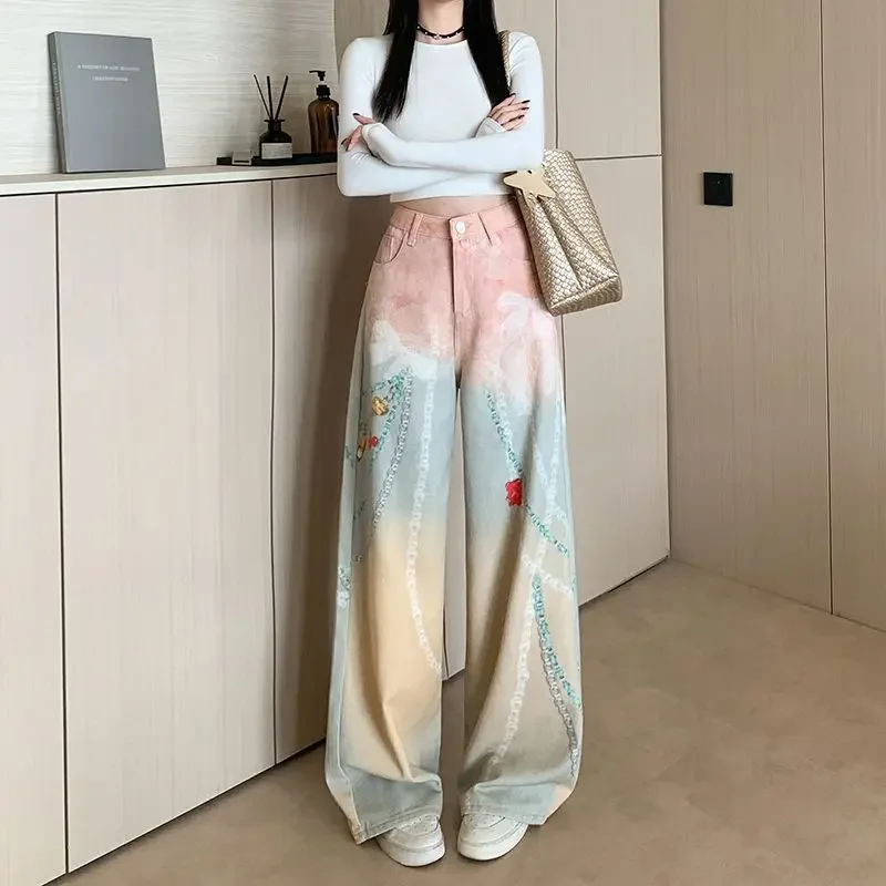 2025 Autumn Women's Digital Print Washed Casual Design Jeans High Waist Loose Slimming Versatile Wide Leg Pants