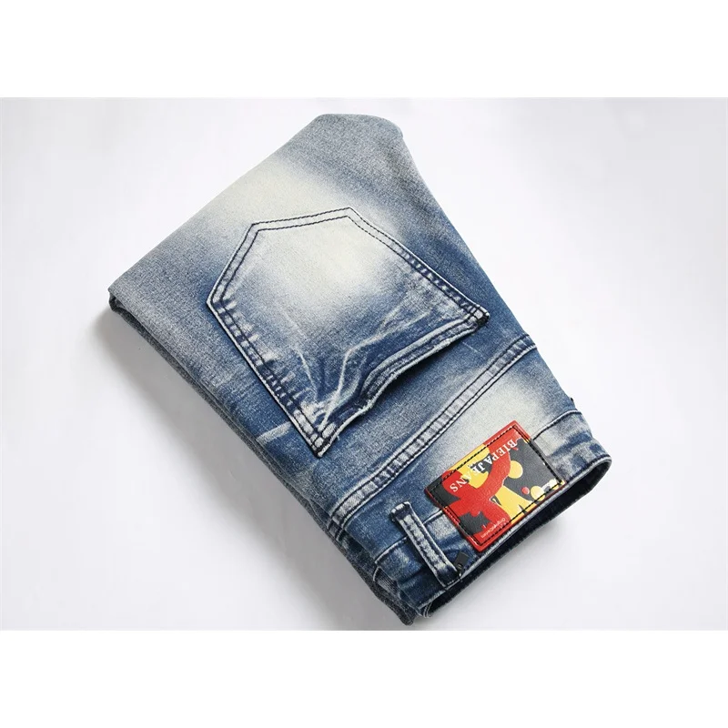 Punk trendy vintage blue jeans men's slim fit stretch ripped print personality unique skinny retro biker's trousers