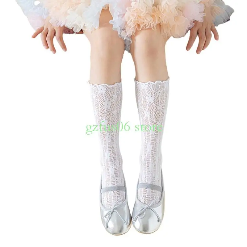 

D5QF Flower Charm Middle Tube Socks Comfortable Hollowed Piled Up Hosiery Solid Color In Tube Socks for School and Festivals