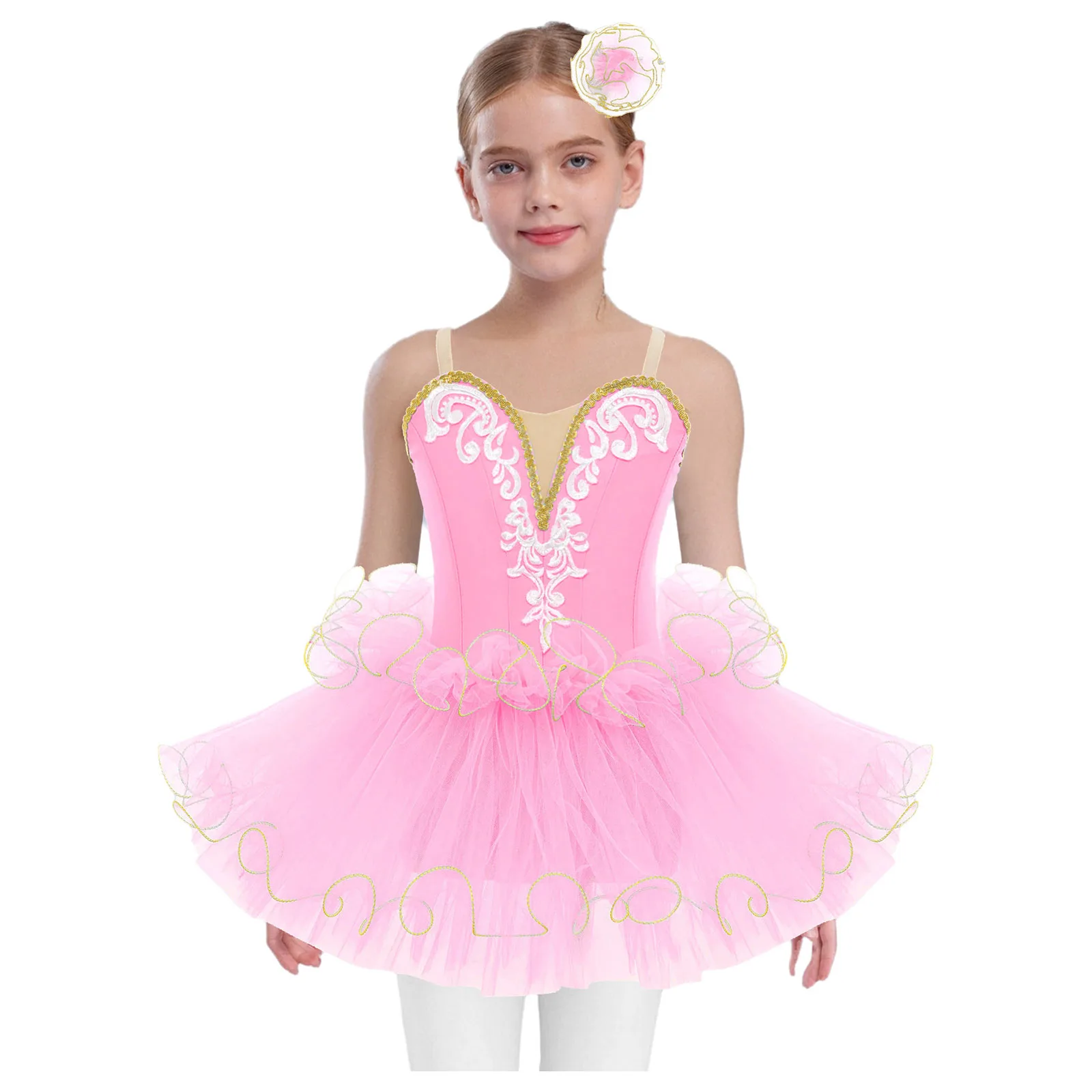 

Kids Girls Gymnastics Lyrical Ballet Tutu Dress Embroidery Bodice Dress with Headwear Princess Ballet Tutu Performance Costume