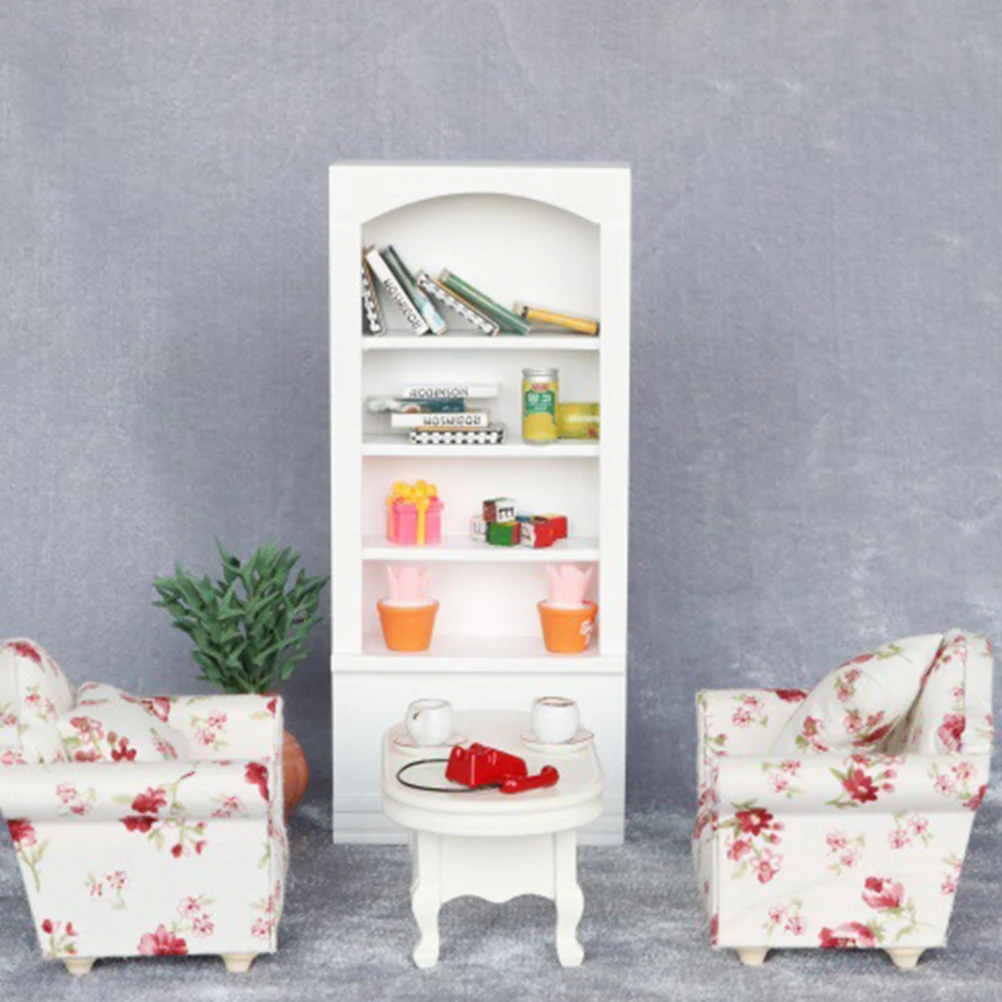 

Mini White Bookcase House Furniture Models Display Cabinet Dollhouse Miniature Bookshelf Decoration Wood