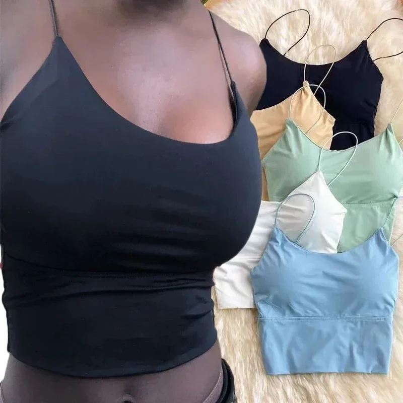 Fashion Ice Silk Vest Crop Tops Women Summer Bra Thin Shoulder Strap Self-contained Chest Pad Girl Fixed Cup Bottoming Underwear