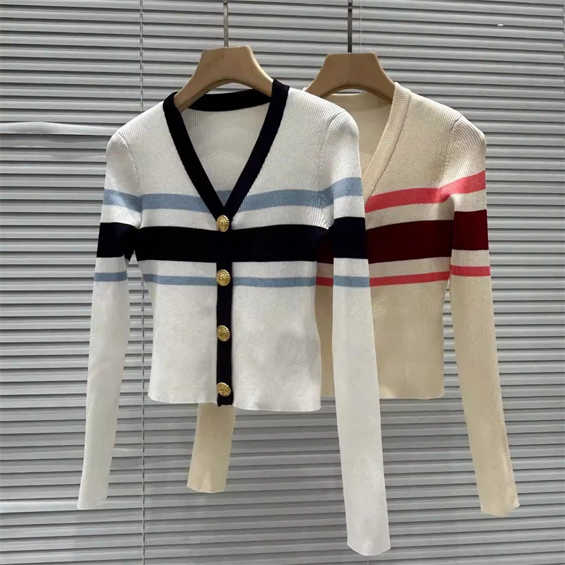 

High-Quality Spring New Fashion Casual V-Neck Color Block Striped Knitted Open Cardigan Women's Simple Elastic Slim Fit Knitted