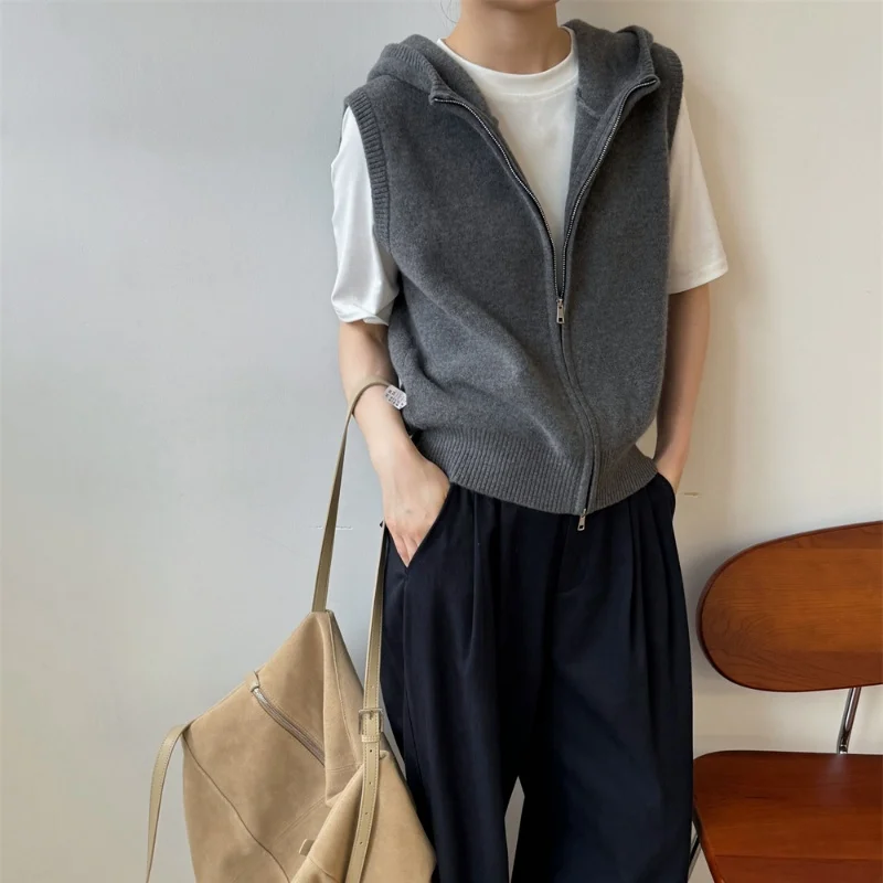가을 겨울 시리즈 여성용 100% 울 후드 조끼 신상 니트 가디건 민소매 스웨터 짧은 다용도 여성 코트 조끼