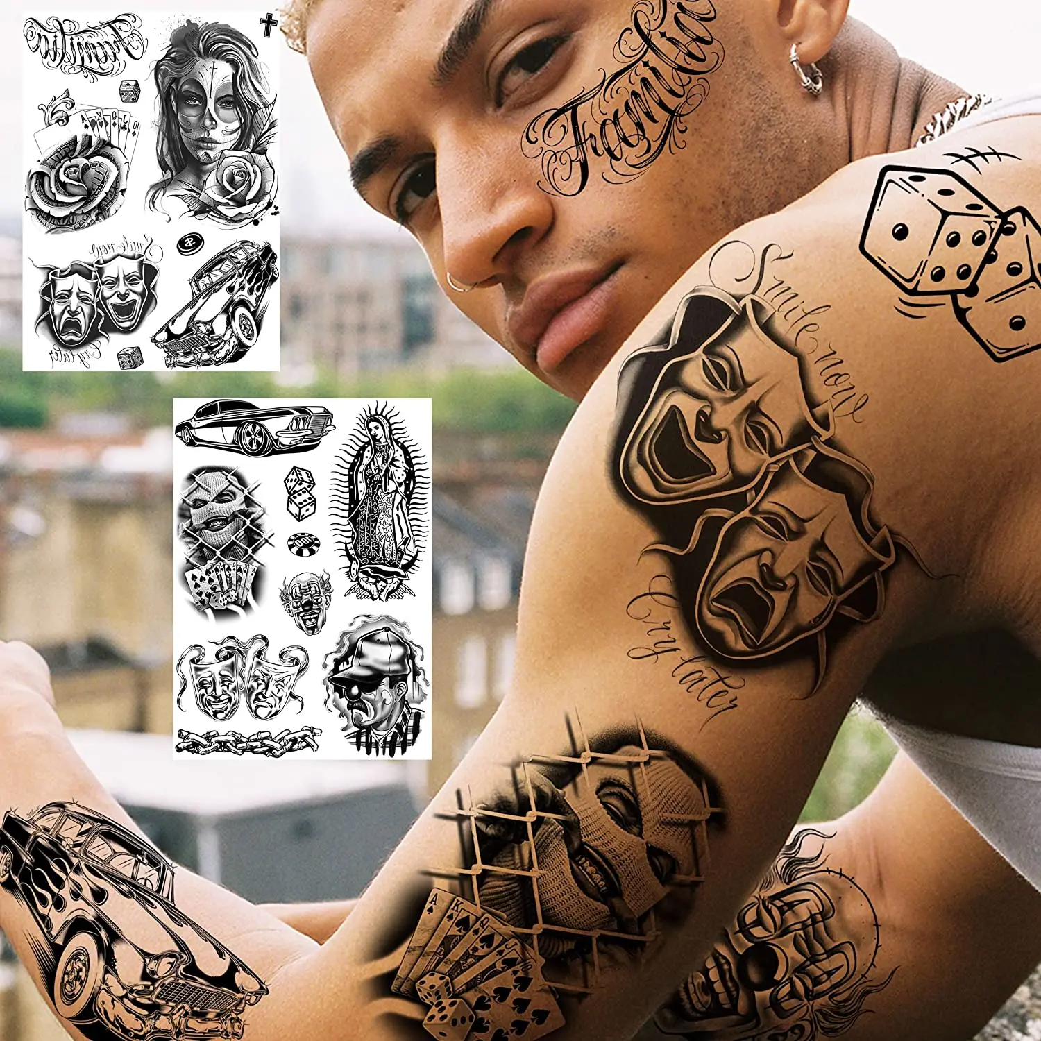 6 Sheets Large Chicano Temporary Tattoos For Men Women Adult Guadalupe Gangster Fake Tatoos Halloween Decoration Tattoo Mexico