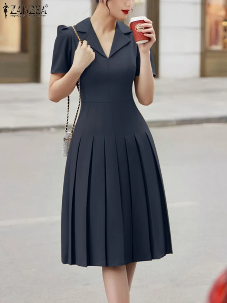 

Fashion Summer Dress ZANZEA Women 2025 Lapel Neck Short Sleeve Party Vestidos Solid Pleated Sundress Elegant Work OL Midi Dress