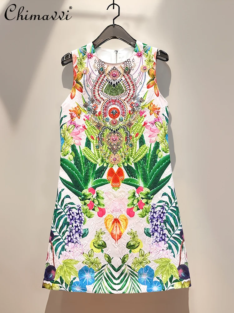 

French Elegant Fashion Socialite Handmade Diamond Printed Crew Neck Sleeveless High Waist Slim A-line Evening Short Dress Women