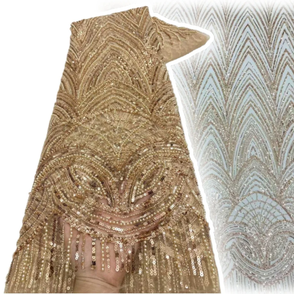 

Gold Luxury African Groom Sequins Lace Fabric High Quality Beaded Embroidery Lace French Tulle for Nigerian Wedding Dresses 2040