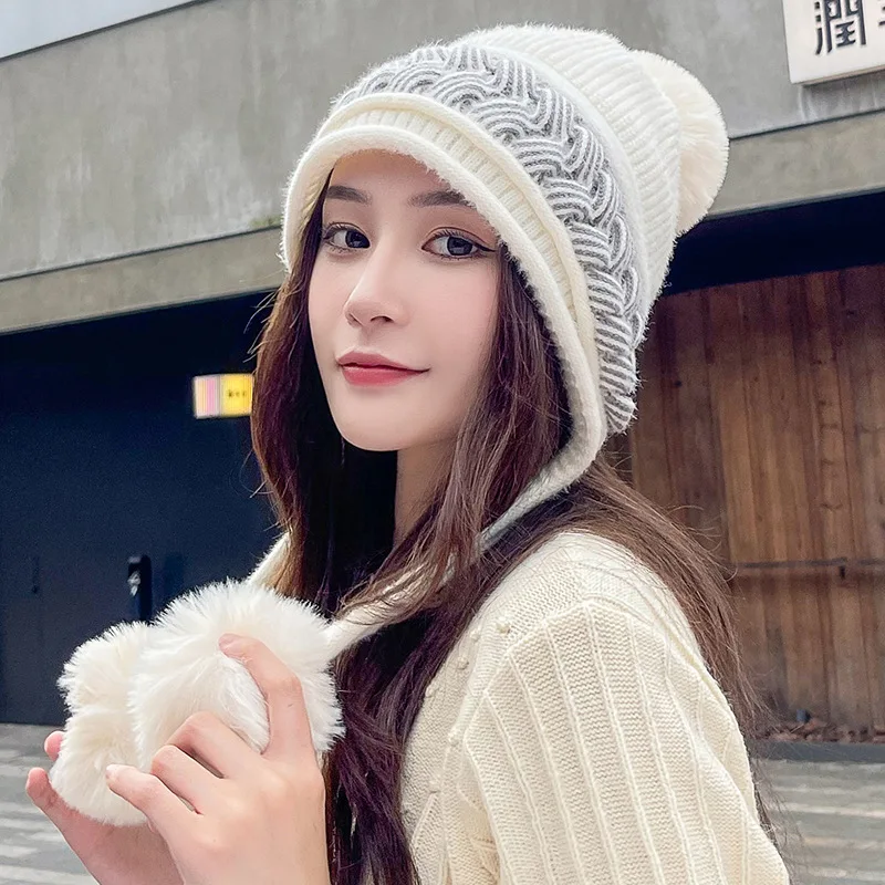 Women Winter Peruvian Cover Ears Beanie Hat Ear Flaps Sherpa Ski Snow Caps Knit 3 Pom Pom Outdoor Cold Weather