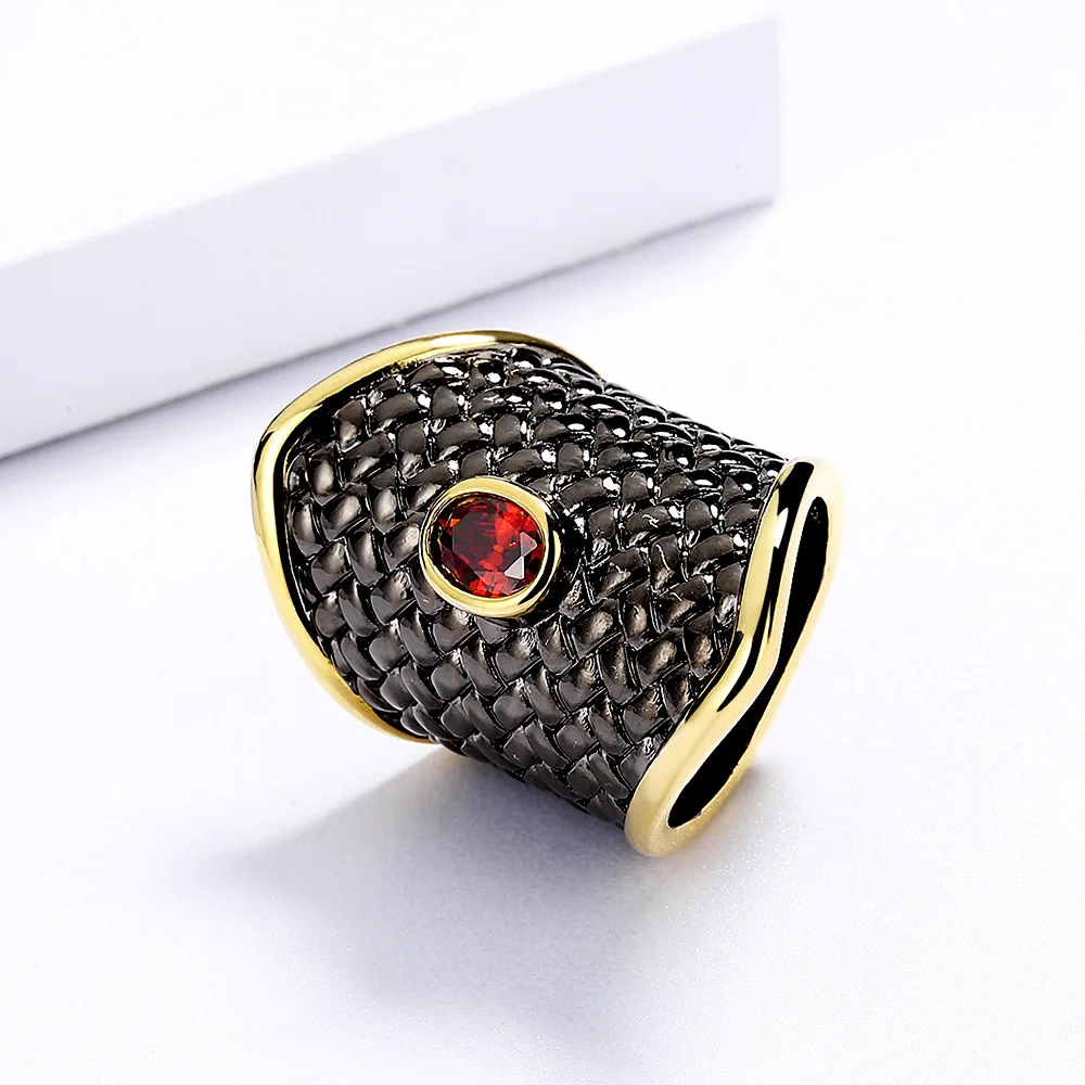 Exaggerated Black Gold Red Zircon Ring 925 Stamp Irregular Geometric Shape Ring Women's Red Zircon Jewelry Party Gift