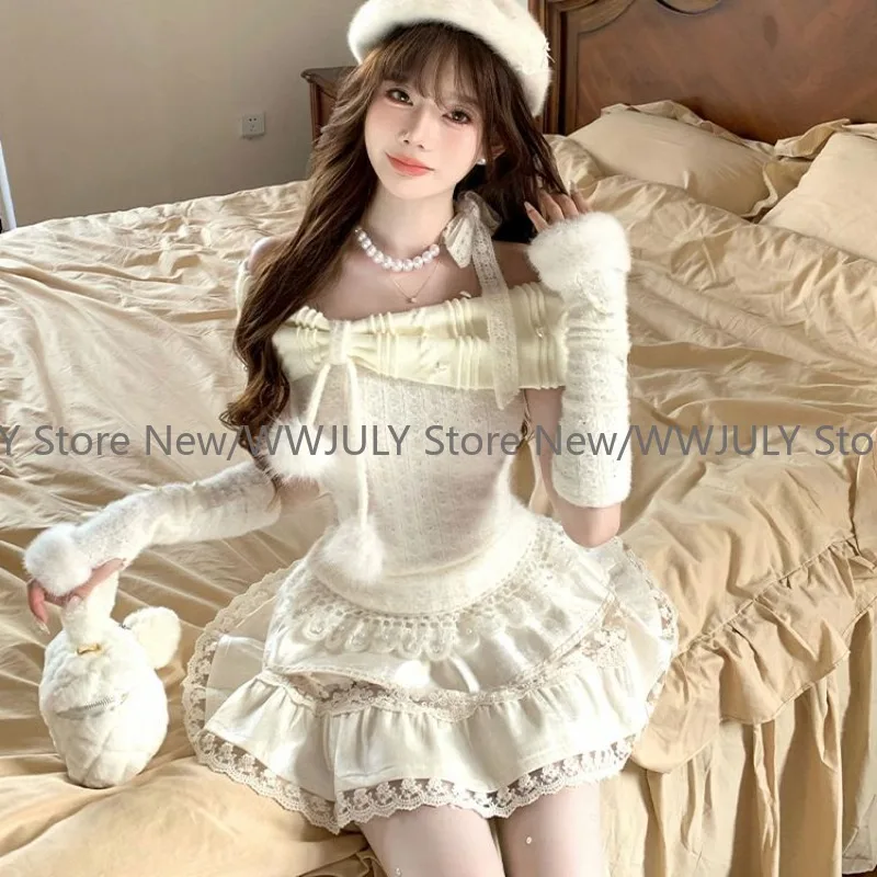 Winter Women Cutecore Y2k 2000s Shoujo Girl Outfits 2 Piece Set Long Sleeve Bow Slash Neck Tops + Mini Velvet Skirts Gyaru Kpop