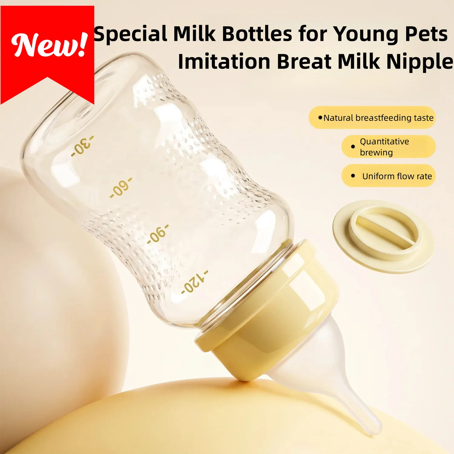 120ml Puppy Kitten Nursing Bottle, Anti-Choke Bionic Silicone Nipple, Curved Non-Slip Pet Feeding Bottle for Small Animals