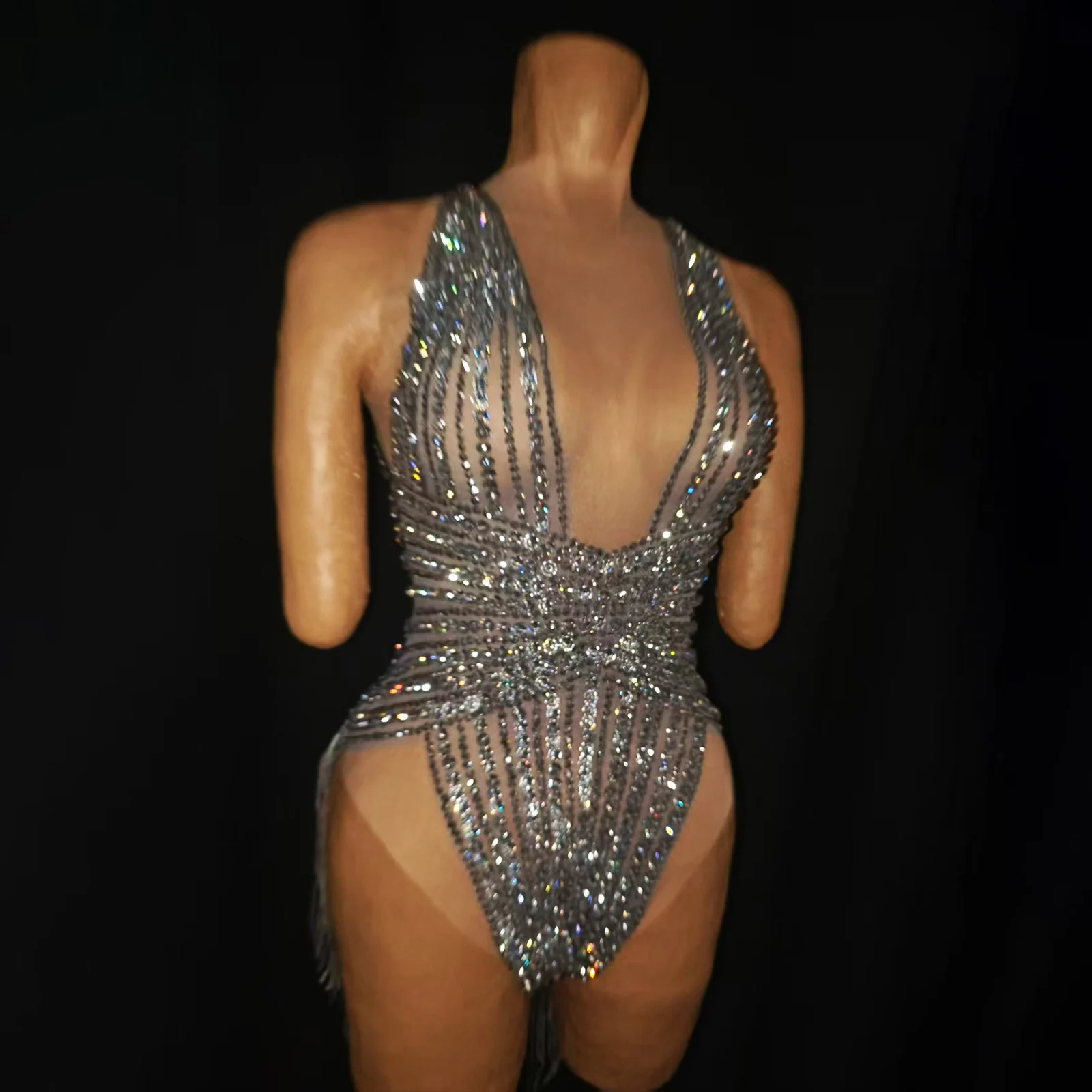 

Sexy Latin Dance Bodysuit Silver Rhinestone Fringed Tights Celebrate Birthday Outfit Performance Dance Costume Drag Stage Wear