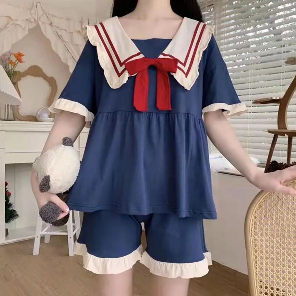 

Student Pajamas Set Princess Style Bow Decor Ruffle Loose Doll Collar Pleated Nightdress Homewear Clotehs Sleepwear