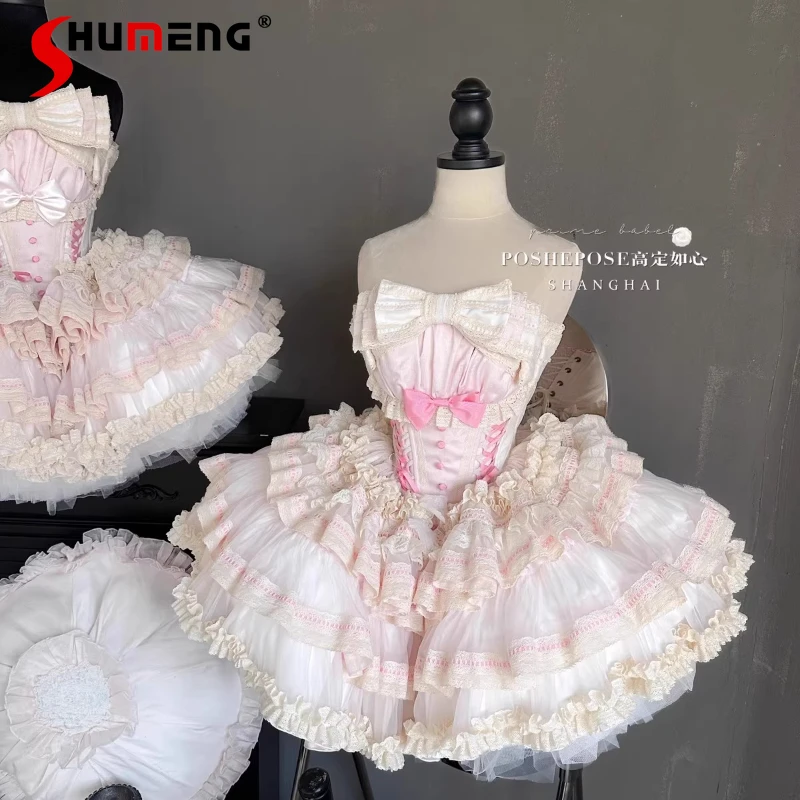 

Original Ballet Style Mini Dress Summer 2025 Sweet Girls Cute Bow Tub Top Puff Dress Princess Style Lolita Dresses for Women