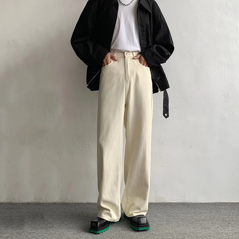 

Cool Hip Hop Men's Workwear Jeans Light Beige Loose Straight Leg Spring High Street Faion Trousers Youthful Casual Long Pants