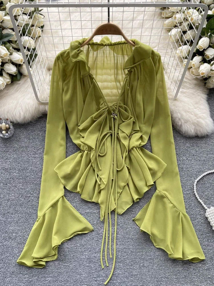 Women Spring Blouse Irregular Flared Sleeve Chiffon Shirt with A New Style of Ruffle V-neck Lace-up Sunscreen Top D3213