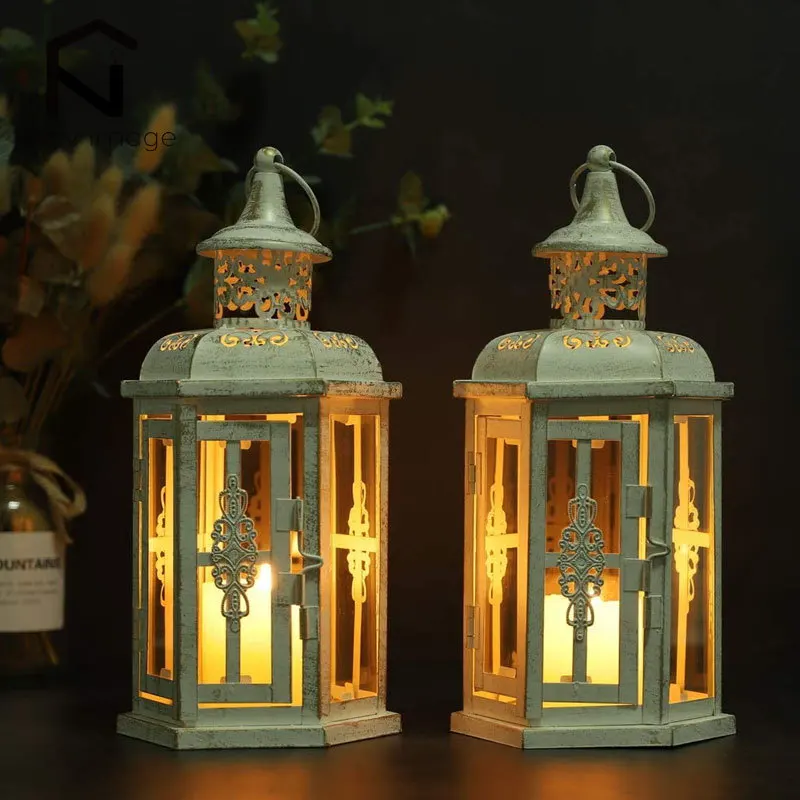 Retro Iron Candle Holder Lanterns Vintage Glass  Lighting Decorative Candle Lantern Table Candlestick Holder Wedding Home Decor