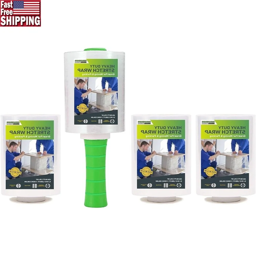 

Mini Stretch Wrap Film 5inch x 1000ft 4 Rolls with Handle Self Adhering Durable Plastic Wrap Packing Moving Shipping